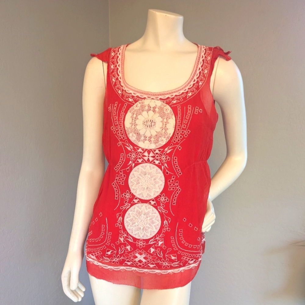 Calypso St. Barth 100% Silk Lined Embroidered Sleeveless Tank - Red - Small